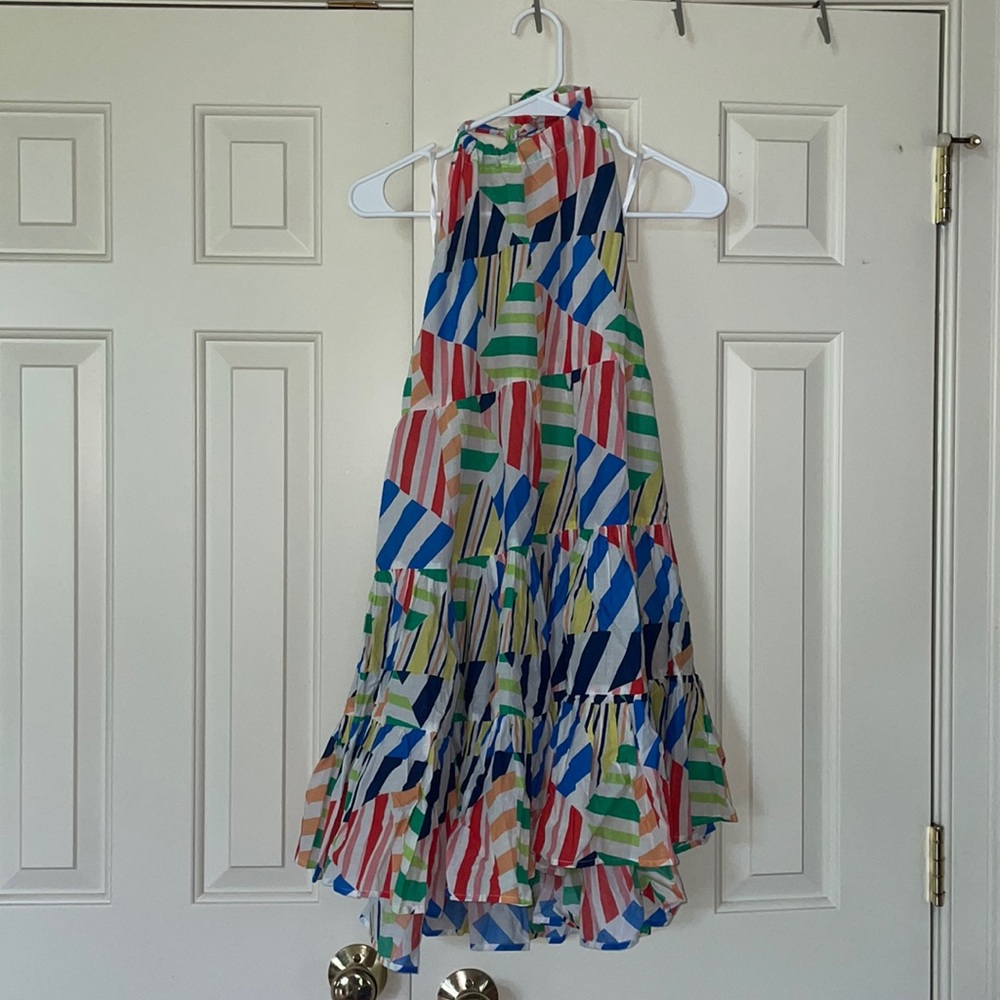 Solid and Striped Backless Dress with Tie Neck